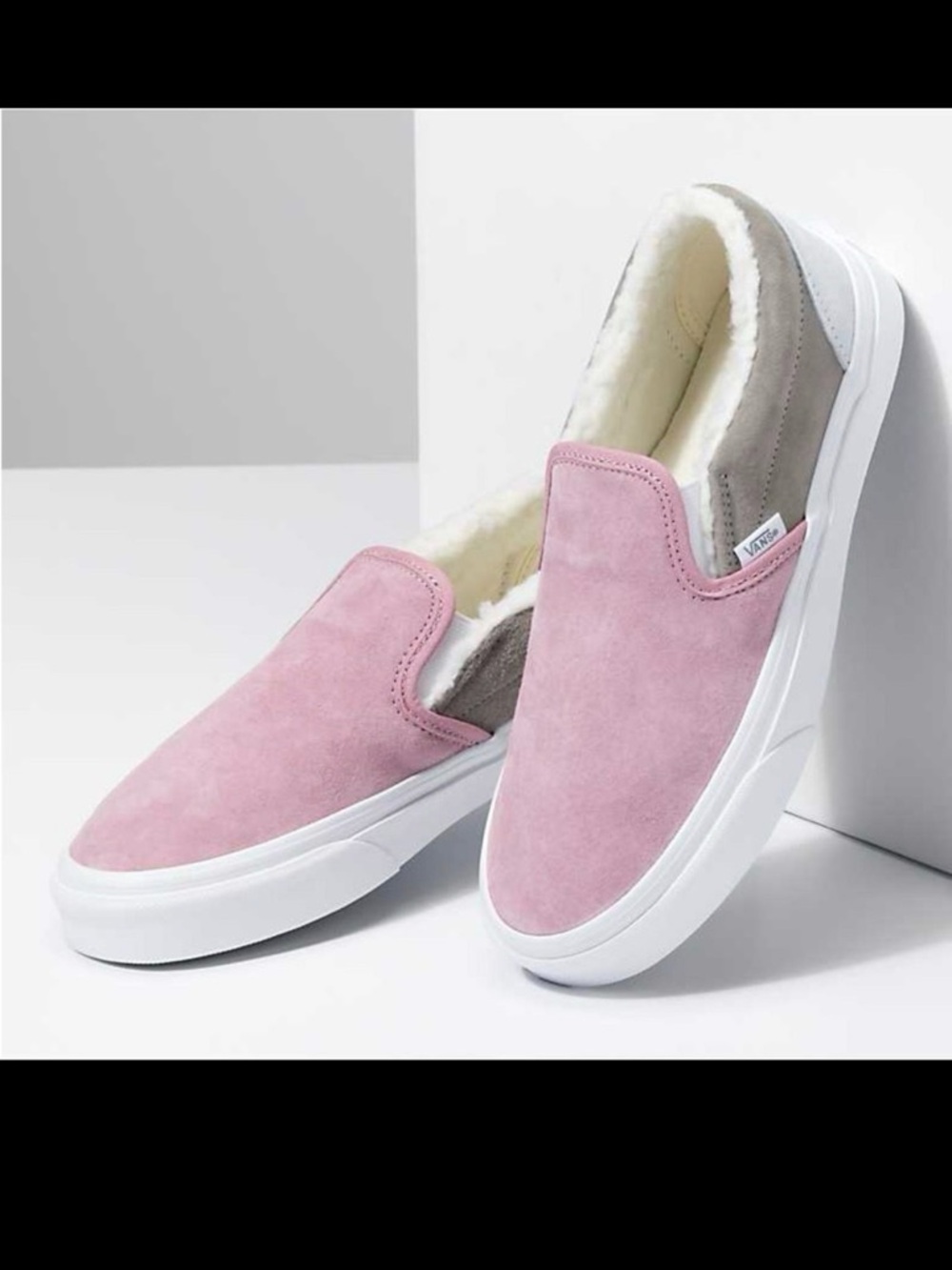 Vans Unisex Pig Suede Shearling Slip On Pink Grey Sneakers Sz W 9 M 7.5 NWT